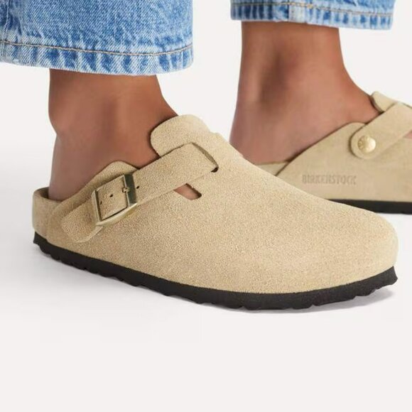 Birkenstock Shoes - Birkenstock Boston Soft Footbed Clogs - Color: Suede Taupe - Size: Women 8
